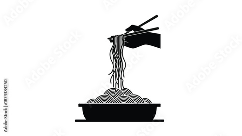 Black and white illustration of noodles being lifted from bowl with chopsticks