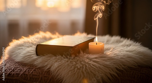 Cozy Reading Nook with Book and Candle.