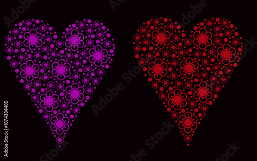 Beautiful floral hearts in vibrant purple and red hues on a sleek black background perfectly designed.