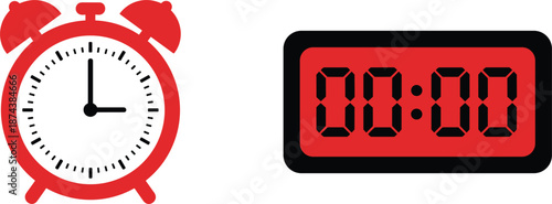 Professional icon set featuring a red analog twin bell alarm clock and a digital timer displaying midnight zeros.