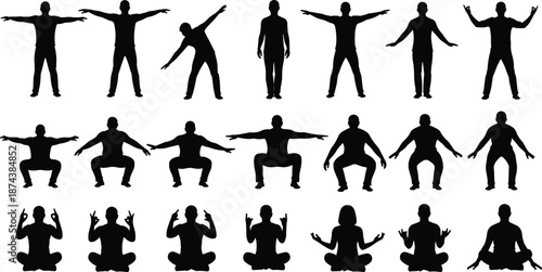 Fitness exercise silhouette illustration set, men performing stretching squats and meditation poses, full body workout routine, healthy lifestyle training 