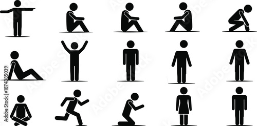 WebHuman activity silhouette icons illustration set, people performing sitting standing running and stretching poses, daily life movement symbols, minimal black pictogram figures, flat vector style
