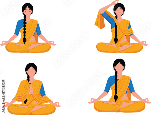 Indian woman yoga and meditation illustration set, female performing seated pranayama and stretching poses in traditional attire, wellness mindfulness practice concept, flat vector styleWeb