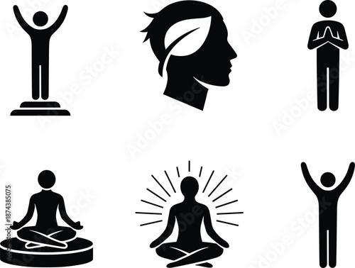 Meditation and mindfulness silhouette icons illustration set, human self awareness relaxation and mental wellness symbols, calm spiritual balance concept, black shadow figures, flat vector style