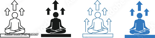 Meditation icon set with seated yoga figure and upward arrows in outline and solid styles, energy flow, mindfulness, wellness and spiritual growth concept isolated on white background