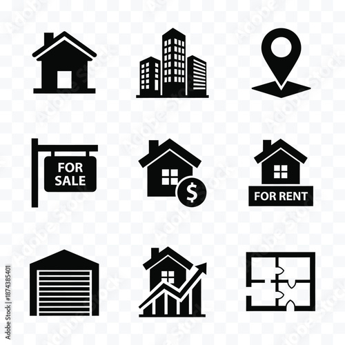 Collection of black real estate icons including houses buildings location pin for sale for rent garage and floor plan