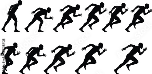Silhouette sequence of athletes sprinting and accelerating in running motion stages, dynamic human speed and power movement collection isolated on white background, fitness and sport conceptWeb