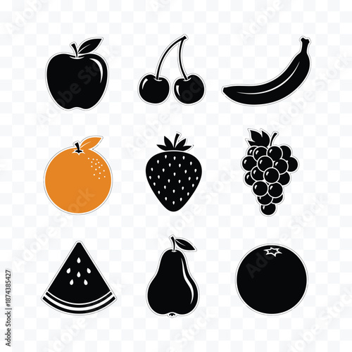 Collection of black and white fruit icons with one orange fruit on a transparent grid background