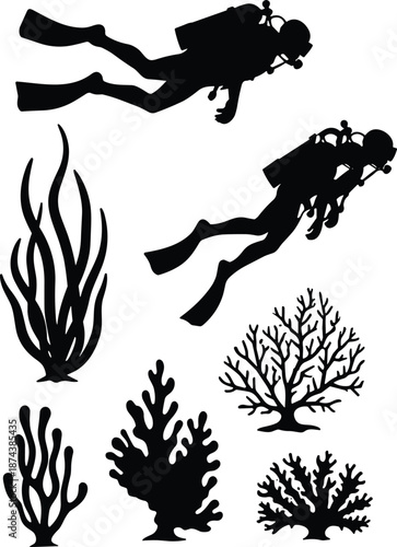 Silhouette of scuba divers swimming underwater with coral reef and sea plants, marine life and ocean exploration concept isolated on white background, diving and aquatic adventure themeWeb