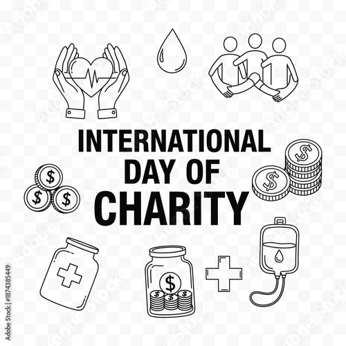 International Day of Charity with icons of hands holding heart blood drop people coins and medical bag