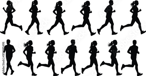 Silhouette sequence of people walking and running in motion cycle poses, human movement progression collection isolated on white background, fitness, activity, speed and lifestyle conceptWeb