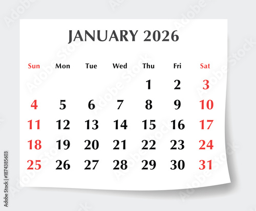 January 2026 English calendar planner. Monthly vector page Sunday start