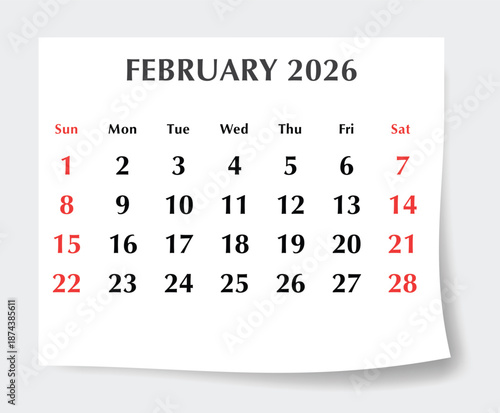 February 2026 English calendar planner. Monthly vector page Sunday start