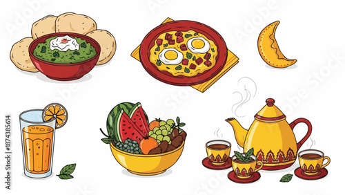 A colorful cartoon illustration of various breakfast foods