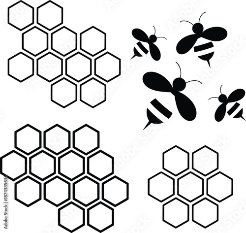 Bee and honeycomb icons set, hexagon hive pattern silhouettes, beekeeping vector illustration collection, isolated on white background