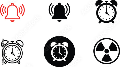 Professional icon set featuring ringing bells alarm clock variations and a black radiation hazard symbol for safety alerts.
