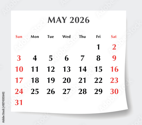 May 2026 English calendar planner. Monthly vector page Sunday start