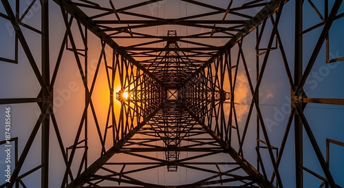 Industrial Power Transmission Tower at Sunset.