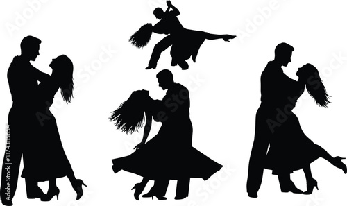 Silhouette set of couples dancing ballroom and traditional styles, elegant partner dance poses isolated on white background, romance, rhythm, culture and graceful movement conceptWeb