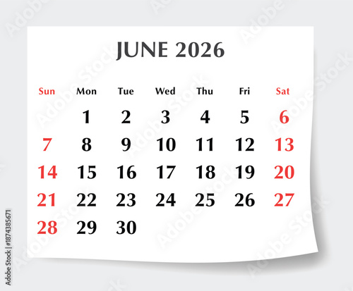 June 2026 English calendar planner. Monthly vector page Sunday start