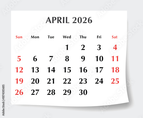 April 2026 English calendar planner. Monthly vector page Sunday start