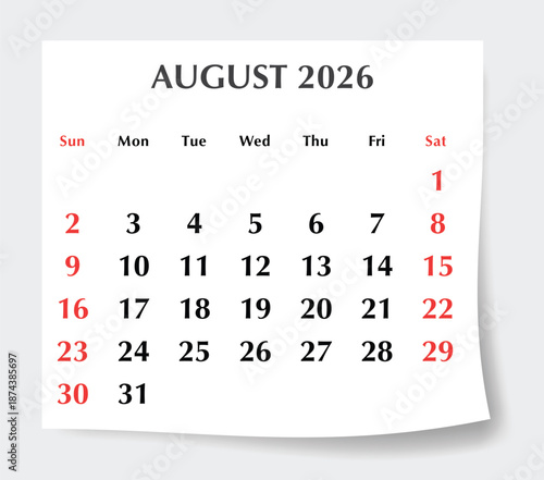 August 2026 English calendar planner. Monthly vector page Sunday start