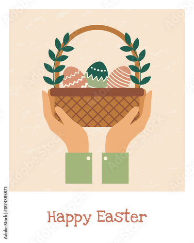 Happy easter greeting card with basket full of eggs. Soft pastel spring illustration in minimal flat style.