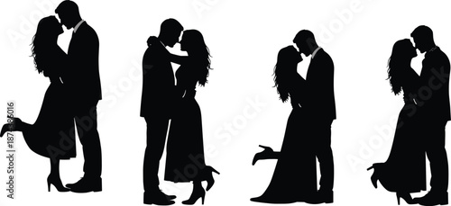 Silhouette set of romantic couple kissing and embracing in elegant poses, love and relationship scenes isolated on white background, wedding, romance, passion and intimacy concept