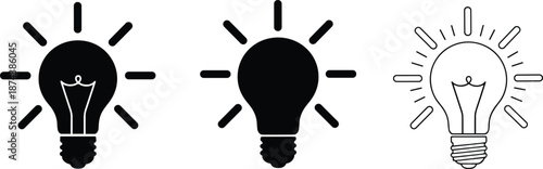 Professional light bulb icon set featuring solid black and outline designs for creative ideas innovation and brainstorming concepts.