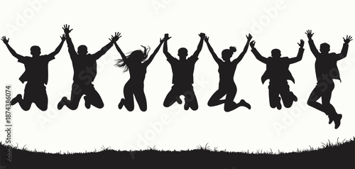 silhouettes of diverse men and women joyfully jumping in the