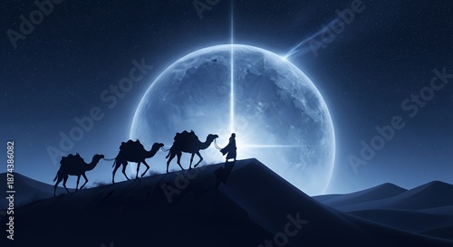 Three Wise Men Riding Camels Under Bright Moon.
