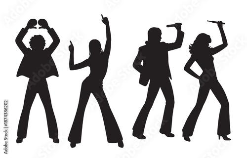 silhouettes of four people dancing and singing s style