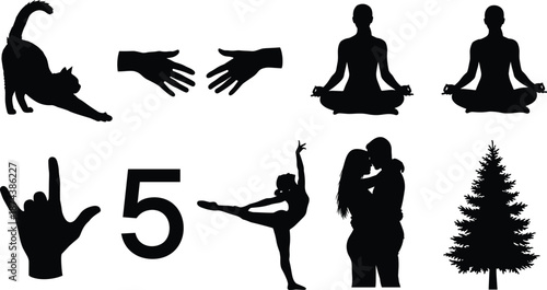 Silhouette set of yoga meditation poses, hand gestures, spiritual symbols and nature icons, wellness and mindfulness activity collection isolated on white background, calm and balance conceptWeb