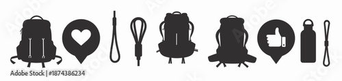 silhouettes of hiking gear including backpacks water 