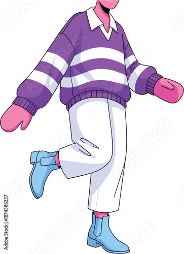 Stylish faceless walking character illustration wearing striped sweater and boots, modern flat vector fashion art for branding, web design, lifestyle concepts, and creative marketing projects