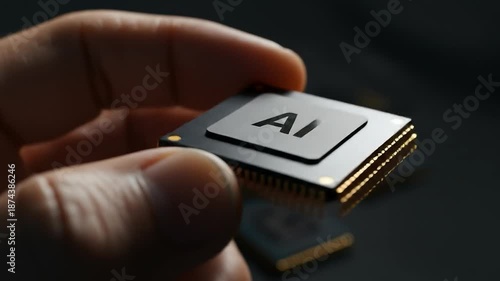 Close-up of a hand holding a high-tech AI microchip, representing advanced artificial intelligence, futuristic computing, and innovation in digital technology.