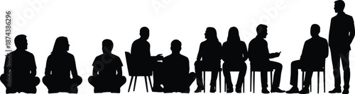 WebGroup of people silhouettes sitting and standing in different poses, social interaction and diversity concept, minimal black human figures isolated on white background