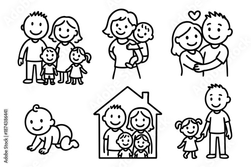 Happy family doodle icons set with parents children baby and couples in black and white hand drawn outline style.
