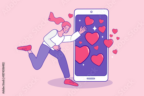 Social media engagement concept. Happy woman running to big smartphone with flying hearts and likes for online dating app.