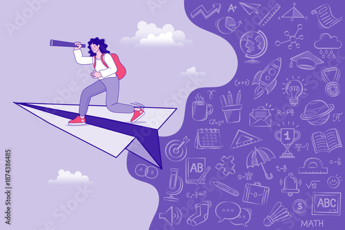 Education journey concept. Student woman with telescope flying on paper plane with school subject icons background.
