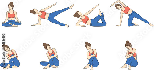Woman yoga exercise illustration set, female stretching and fitness poses collection, healthy lifestyle workout routine, flat vector style, wellness training artwork, cad drawing flat vectorWeb