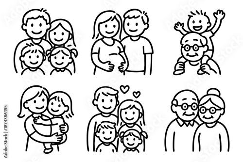Happy family doodle icons set with parents children baby and couples in black and white hand drawn outline style.
