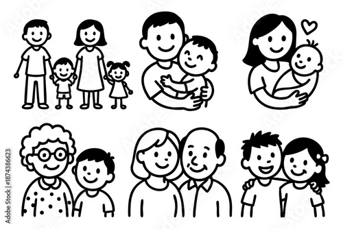 Happy family doodle icons set with parents children baby and couples in black and white hand drawn outline style.