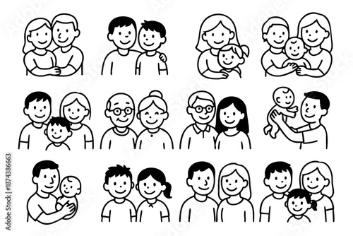 Happy family doodle icons set with parents children baby and couples in black and white hand drawn outline style.