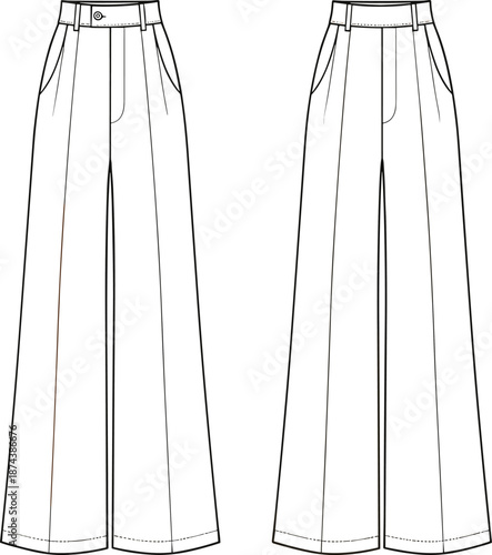 Women wide leg trousers technical illustration, front and back view fashion flat sketch, apparel design template, garment outline drawing, cad drawing flat vectorWeb