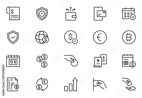 Bill and Payment Outline icon set. Containing finance related icons. bill, receipt, invoice, document, atm, cash, cryptocurrency, blockchain. Thin outline icons pack. Vector illustration