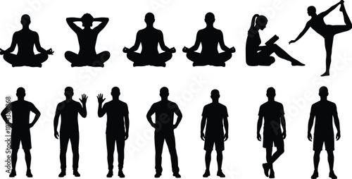 Yoga and people silhouette illustration set, men and women in meditation stretching standing poses, fitness wellness and lifestyle activities collection, black shadow figures, flat vector styleWeb