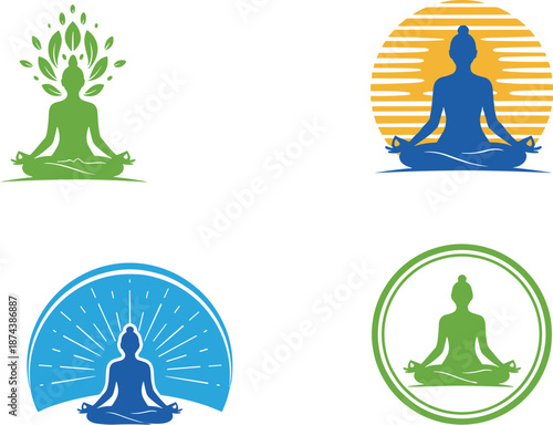 Yoga meditation logo illustration set, human silhouette in lotus pose with nature and sun elements, wellness mindfulness and spiritual balance concept, colorful flat vector design