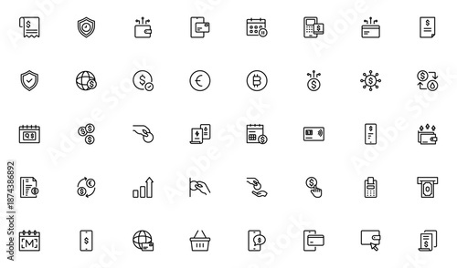 Bill and Payment Outline icon set. Containing finance related icons. bill, receipt, invoice, document, atm, cash, cryptocurrency, blockchain. Thin outline icons pack. Vector illustration