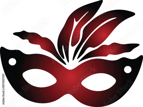 Elegant black and red gradient masquerade mask illustration with stylized feathers, capturing the allure and mystery of Venetian carnivals and festive celebrations. 
